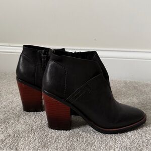 Kelsi Dagger Black Leather Ankle Booties with Stacked Brown Heel